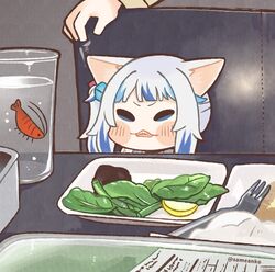  animal_ears blue_eyes blue_hair blunt_bangs cat_ears commentary cup drinking_glass female fork gawr_gura gawr_gura_(casual) grey_hair highres hololive hololive_english leaf meme multicolored_hair official_alternate_costume open_mouth parody same_anko sharp_teeth shrimp solo_focus streaked_hair symbol-only_commentary table teeth twitter_username two-tone_hair virtual_youtuber water woman_yelling_at_cat_(meme) 