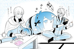  2boys character_doll cloak closed_eyes commentary_request eating food hato_niku headpat male_focus mikazuki_munechika mochimochi_mascot monochrome multiple_boys senbei sitting spilling table touken_ranbu yamanbagiri_chougi yamanbagiri_kunihiro 