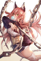  animal_ears blowing_bubbles breasts broken broken_chain chains chewing_gum cleavage denim denim_shorts female green_eyes hair_between_eyes highres kokollet large_breasts long_hair long_sleeves looking_at_viewer original pink_hair short_shorts shorts simple_background solo thighhighs torn_clothes torn_thighhighs very_long_hair white_thighhighs 