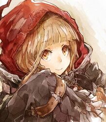  blonde_hair blunt_bangs closed_mouth female frilled_sleeves frills hood hood_up long_hair looking_at_viewer lowres orange_eyes red_riding_hood_(sinoalice) sidelocks simple_background sino_nb3 sinoalice smile solo 