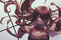  beidou_(genshin_impact) breasts brown_hair cleavage colored_eyepatch dress eyepatch female floating_hair fur_trim genshin_impact grin hair_between_eyes hair_ornament hair_stick kokollet large_breasts long_hair looking_at_viewer red_eyes simple_background smile solo tassel upper_body 