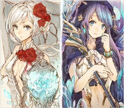  2girls blue_eyes blue_hair book bracelet breasts cleavage cleavage_cutout closed_mouth clothing_cutout crop_top fins flower hair_bun hair_flower hair_ornament holding holding_staff hood hood_up jewelry large_breasts looking_at_viewer multicolored_hair multiple_girls navel ningyo_hime_(sinoalice) orb purple_hair ribbon rose sad serious sidelocks single_hair_bun sino_nb3 sinoalice snow_white_(sinoalice) staff twintails two-tone_hair white_hair 