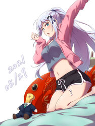  blue_eyes blue_hair breasts commentary_request dated dolphin_shorts female hair_ornament highres idolmaster idolmaster_million_live! idolmaster_million_live!_theater_days jacket light_blue_hair long_hair looking_at_viewer medium_breasts midriff navel outstretched_arm p-head_producer ponytail producer_(idolmaster) sanada_(tony2035176) shiraishi_tsumugi shorts solo stuffed_animal stuffed_fish stuffed_toy 