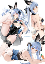  ass black_leotard blue_hair blue_ribbon breasts carrot female highres holding_own_leg hololive leg_lift leg_up leotard looking_at_viewer lying multiple_views orange_eyes playboy_bunny rabbit_girl rabbit_tail rero_(bigdoorbig2) ribbon simple_background spread_legs tail thigh_strap thighhighs twintails usada_pekora virtual_youtuber white_background 