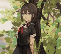  ahoge arms_behind_back blue_eyes braid brown_hair commentary_request female hair_over_shoulder highres kantai_collection leaf long_hair looking_at_viewer neckerchief open_mouth red_neckerchief school_uniform serafuku sha_(isago) shigure_(kancolle) short_sleeves single_braid smile solo tree 