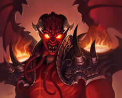  1boy armor colored_skin demon_boy facial_hair glowing glowing_eyes goatee hearthstone horns kil&#039;jaeden male_focus muscular muscular_male open_mouth red_skin sharp_teeth shoulder_armor shoulder_spikes signature solo spikes teeth tentacle thorsten_erdt upper_body warcraft wings 