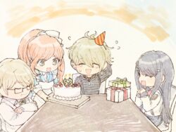  2boys 2girls :d amami_rantaro antenna_hair apron arm_up birthday_cake blue_dress blue_skirt brown_hair cake chibi closed_eyes danganronpa:_trigger_happy_havoc danganronpa_(series) danganronpa_2:_goodbye_despair danganronpa_3_(anime) danganronpa_v3:_killing_harmony dress fc_(efushii) food from_side gift glasses green_eyes happy_tears hat jacket jewelry long_hair maizono_sayaka multicolored_background multiple_boys multiple_girls necklace open_mouth party_hat ponytail sailor_collar shirt short_hair skirt smile striped_clothes striped_shirt table tears togami_byakuya_(danganronpa_2) v-shaped_eyebrows white_apron white_jacket white_shirt yukizome_chisa 