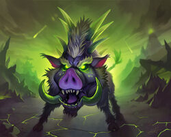  animal glowing glowing_eyes green_background green_theme hearthstone horns mountain no_humans open_mouth outdoors pig sharp_teeth signature spikes teeth thorsten_erdt tongue warcraft 