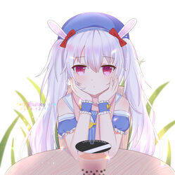  animal_ears arm_support artist_name azur_lane blurry bubble_tea chair commentary_request dated depth_of_field detached_sleeves fake_animal_ears female hair_between_eyes hat head_rest laffey_(azur_lane) laffey_(bunny_clerk?)_(azur_lane) long_hair looking_at_viewer official_alternate_costume rabbit_ears red_eyes school_uniform serafuku sidelocks solo table twintails white_background white_hair xiao_shi_lullaby 