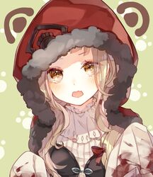  +_+ animal_ears blonde_hair blood blood_on_clothes blush bow commentary_request eyes_visible_through_hair female fur_trim green_background hairbow hood hood_up long_hair long_sleeves looking_at_viewer mcmcmococo open_mouth red_bow red_hood red_riding_hood_(sinoalice) sidelocks simple_background sinoalice sleeves_past_fingers sleeves_past_wrists solo upper_body wavy_hair yellow_eyes 