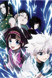  5boys alluka_zoldyck black_eyes black_hair blue_eyes brother_and_sister brothers electricity hunter_x_hunter illumi_zoldyck kalluto_zoldyck killua_zoldyck male_focus milluki_zoldyck mole mole_under_mouth multiple_boys pittan_(piitapitapita) siblings smile white_hair 