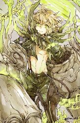  1boy ahoge ascot blonde_hair closed_mouth corruption dark_persona gauntlets glowing green_eyes half-nightmare looking_at_viewer male_focus navel pinocchio_(sinoalice) short_hair shorts sino_nb3 sinoalice smile solo suspenders 