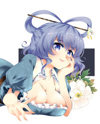  :p blue_dress blush breasts cleavage collarbone commentary_request dress female floral_background flower hair_between_eyes hair_flower hair_ornament hair_rings hair_stick hand_on_own_cheek hand_on_own_face hand_up head_rest highres kaku_seiga large_breasts lily_(flower) looking_at_viewer low_neckline lying medium_hair on_stomach open_clothes open_vest peony_(flower) puffy_short_sleeves puffy_sleeves short_sleeves simple_background solo tongue tongue_out touhou upper_body usuusu vest white_background white_flower white_lily white_vest 