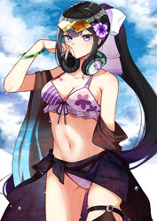  alternate_costume bikini black_shawl blue_archive bow breasts closed_mouth clothes_around_waist cloud collarbone commentary_request day eyewear_on_head female floral_print flower frilled_bikini frills front-tie_top green-framed_eyewear hair_flower hair_ornament hairbow hand_up headphones headphones_around_neck highres light_blush long_hair looking_at_viewer medium_breasts navel orange-tinted_eyewear ponytail print_bikini purple_bikini purple_eyes purple_flower saco_(cgmore) shawl sky solo sports_sunglasses stomach sumire_(blue_archive) sunglasses swimsuit tinted_eyewear violet_(flower) wet 