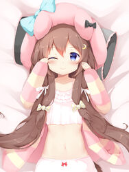  absurdres animal_ear_headwear animal_ears arms_up azur_lane bed bloomers blue_eyes blush bow bow_bloomers brown_hair camisole cardigan chinese_commentary clenched_hands crescent crescent_hair_ornament dakimakura_(medium) dog_ears fake_animal_ears female fumizuki_(azur_lane) fumizuki_(sleepy_fairy)_(azur_lane) hair_ornament hairbow hairclip hat hat_bow highres kanon_(sinto) long_hair lying navel on_back one_eye_closed pillow pink_hat ribbon rubbing_eyes sleepwear sleepy solo striped_cardigan underwear upper_body very_long_hair white_bloomers white_camisole 