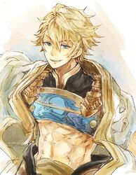  1boy abs ahoge aladdin_(sinoalice) aqua_eyes arabian_clothes armor bare_pectorals blonde_hair breastplate cape grin looking_at_viewer male_focus parted_lips pectorals short_hair simple_background sino_nb3 sinoalice smile solo 