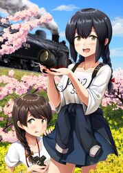  2girls :d alternate_costume black_hair blue_skirt blue_sky blush braid brown_eyes brown_hair camera cherry_blossoms clothes_writing cloud collarbone commentary_request cowboy_shot day female_pervert flower hair_between_eyes highres holding holding_camera ichikawa_feesu isonami_(autumn_mode)_(kancolle) isonami_(kancolle) kantai_collection long_hair multiple_girls open_mouth outdoors pervert shirt short_sleeves single_braid skirt sky smile smoke tongue tongue_out train twin_braids uranami_(kancolle) white_shirt yellow_flower 