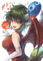  :d bare_shoulders breasts breath_weapon breathing_fire china_dress chinese_clothes commentary draco_centauros dragon_girl dragon_horns dragon_tail dragon_wings dress elbow_gloves female fire gao gloves green_hair highres horns large_breasts oerba_yun_fang open_mouth pointy_ears puyo_(puyopuyo) puyopuyo red_dress short_hair skin_fang smile tail upper_body white_gloves wings yellow_eyes yue_(lov_n_n) 