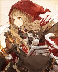  blonde_hair blunt_bangs book buckle closed_mouth collared_shirt dress female hair_ribbon holding holding_book hood hood_up long_hair looking_to_the_side red_riding_hood_(sinoalice) ribbon shirt sidelocks sino_nb3 sinoalice smile solo wavy_hair 