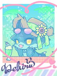  1other body_fur cherry colored_sclera debidebi_debiru demon drinking_straw eyewear_on_head faux_photograph flower food fruit furry grey_sclera hat hat_flower heart highres ice_cream kisaichi looking_at_viewer nijisanji polaroid straw_hat sundae sunflower sunglasses virtual_youtuber yellow_eyes yellow_flower 