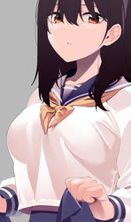  blue_sailor_collar breasts brown_eyes brown_hair byte_(allbyte) close-up clothes_lift eyebrows_hidden_by_hair female grey_background hair_behind_ear hair_between_eyes highres large_breasts lifting_own_clothes looking_at_viewer looking_down medium_hair neckerchief original parted_lips sailor_collar school_uniform see-through_silhouette serafuku skirt skirt_hold skirt_lift solo upper_body yellow_neckerchief 