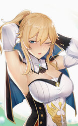  7t ;o absurdres adjusting_hair armpits arms_up blonde_hair blush breasts capelet cleavage corset detached_sleeves female genshin_impact gloves hair_ribbon highres jean_(genshin_impact) large_breasts long_sleeves one_eye_closed open_mouth ponytail ribbon solo strapless 