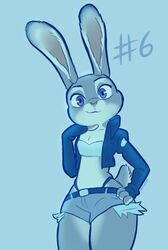  anthro bandeau blue_and_white bottomwear breasts clothed clothing cropped_jacket cutoffs daisy_dukes denim denim_bottomwear denim_clothing digital_drawing_(artwork) digital_media_(artwork) disney dressuptober female hand_on_hip hand_under_chin hotpants jacket judy_hopps junkedart lagomorph leporid looking_at_viewer mammal midriff monochrome multicolored_body panties portrait purple_eyes rabbit restricted_palette shorts simple_background skimpy small_breasts smile solo thong_straps three-quarter_portrait topwear two_tone_body underwear zootopia 