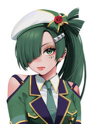  bare_shoulders clothing_cutout commentary_request ear_piercing earrings female flower green_eyes green_hair green_jacket green_necktie hair_over_one_eye hat highres jacket jay_(shining_star) jewelry long_hair looking_at_viewer necktie noriuma ohisashiburi_(style) piercing ponytail red_flower shining_star shoulder_cutout simple_background solo white_background white_hat 