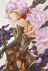  ass belt black_gloves blue_eyes bullet choker cinderella_(sinoalice) dark-skinned_female dark_skin elbow_gloves female gloves gun hair_ribbon holster holstered long_hair looking_back low_ponytail pink_hair ribbon signature simple_background sino_nb3 sinoalice smile smoke solo thong weapon 