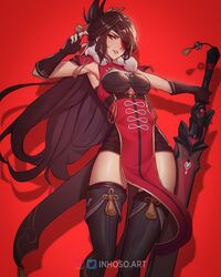  armpits beidou_(genshin_impact) black_gloves black_hair black_shorts blackcliff_slasher_(genshin_impact) boots dress english_commentary eyepatch female fingerless_gloves genshin_impact gloves hair_over_one_eye head_tilt highres holding holding_sword holding_weapon inhoso instagram_logo long_hair one_eye_covered parted_lips pelvic_curtain red_background red_dress shorts solo sword thigh_boots thighhighs thighhighs_under_boots tied_hair twitter_logo weapon 