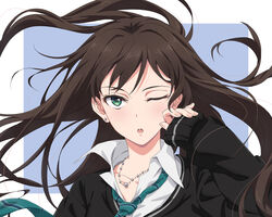  brown_hair cardigan chestnut_mouth commentary_request earrings female floating_hair green_eyes highres idolmaster idolmaster_cinderella_girls idolmaster_cinderella_girls_starlight_stage jewelry long_hair looking_at_viewer necklace necktie one_eye_closed sanada_(tony2035176) school_uniform shibuya_rin sleeves_past_wrists solo upper_body 