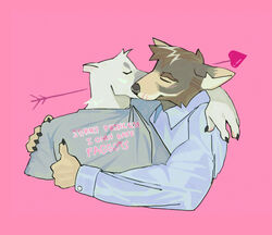  benjidrawss_(artist) blush brown_body brown_fur canid canine canis clothing coyote cupid&#039;s_arrow domestic_dog echo_(series) echo_project fur hi_res holidays homophobic_slur hug kissing kissing_cheek male male/male mammal samuel_ayers shirt slur text text_on_clothing text_on_shirt text_on_topwear the_smoke_room topwear valentine&#039;s_day white_body white_fur william_adler 