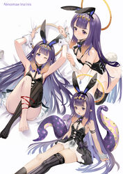  animal_ears barefoot bed_sheet black_footwear black_skirt black_thighhighs breasts detached_sleeves fake_animal_ears feet female halo high_heels highres hololive hololive_english knees_up legs leotard looking_at_viewer multiple_views ninomae_ina&#039;nis no_shoes playboy_bunny purple_eyes purple_hair rabbit_ears rero_(bigdoorbig2) sheet_grab single_thighhigh skirt small_breasts tentacle tentacle_hair thighhighs toes virtual_youtuber 