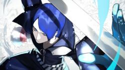  1boy blue_eyes blue_gloves blue_hair btmr_game closed_mouth gloves highres holding holding_sword holding_weapon katana kitagawa_yuusuke long_sleeves male_focus persona persona_5 popped_collar signature solo sword weapon 