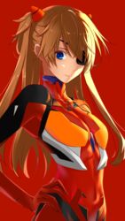  absurdres blue_eyes bodysuit breasts brown_hair closed_mouth commentary covered_navel evangelion:_3.0_you_can_(not)_redo eyepatch female hair_between_eyes hand_on_own_hip headgear highres long_hair looking_at_viewer marumai neon_genesis_evangelion plugsuit rebuild_of_evangelion red_background red_bodysuit simple_background skin_tight small_breasts solo souryuu_asuka_langley standing swept_bangs turtleneck two_side_up upper_body very_long_hair 