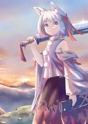  absurdres animal_ear_fluff animal_ears bare_shoulders black_skirt breasts closed_mouth cloud cloudy_sky commentary_request detached_sleeves eyebrows_hidden_by_hair feet_out_of_frame female glint hair_ribbon highres holding holding_sword holding_weapon inubashiri_momiji jiege long_skirt looking_afar looking_to_the_side mountainous_horizon no_headwear pom_pom_(clothes) red_eyes red_ribbon red_skirt ribbon ribbon-trimmed_sleeves ribbon_trim sarashi shirt short_hair shoulder_rest skirt sky sleeveless sleeveless_shirt small_breasts solo standing sun sword touhou turtleneck twilight two-tone_skirt weapon white_hair white_shirt wide_sleeves wolf_ears 