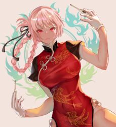  bad_id bad_pixiv_id braid breasts china_dress chinese_clothes digital_thermometer dress earrings fate/grand_order fate_(series) female florence_nightingale_(fate) gloves highres jewelry large_breasts natsujiru panties pink_hair side-tie_panties solo thermometer underwear white_gloves 