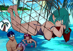  1boy 2girls aqua_hair armband arms_up ass ball barefoot beachball bikini black_bikini blue_hair blue_sky blush bottle braid breasts cameo casual_one-piece_swimsuit chaucer_(some1else45) closed_eyes closed_mouth commentary day drinking_straw drinking_straw_in_mouth drooling eyelashes eyewear_on_head feet feet_up from_side glasses green_hair hammock hands_up hanging_breasts head_on_pillow height_difference highres hipa_(some1else45) holding holding_ball holding_beachball holding_bottle horizon horns innertube kirby kirby_(series) legs long_hair looking_at_another lying medium_breasts mouth_drool multiple_girls nahia_(some1else45) ocean on_stomach one-piece_swimsuit one-piece_thong opaque_glasses original outdoors palm_leaf parted_bangs parted_lips partially_submerged pectorals pillow pointy_ears purple_hair red_hair short_hair sky sleeping small_breasts some1else45 straight sunglasses swim_ring swimsuit symbol-only_commentary thought_bubble toes toned toned_male tree v-shaped_eyebrows very_long_hair water 