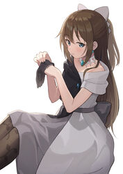  absurdres back_bow bare_shoulders black_dress black_gloves black_pantyhose blue_eyes blush bow brooch brown_hair closed_mouth dress drop_earrings earrings evening_gown female gloves hair_between_eyes hairbow half_updo highres jewelry long_hair looking_at_viewer love_live! love_live!_nijigasaki_high_school_idol_club neck_ring off-shoulder_dress off_shoulder osaka_shizuku pantyhose ponytail putting_on_gloves short_dress sidelocks simple_background sitting smile solitude_rain_(love_live!) solo tata_(tataice) two-tone_dress unworn_gloves white_background white_dress 