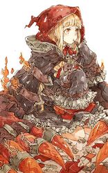  blonde_hair blunt_bangs book claws cloak collared_shirt dress female fire frilled_sleeves frills hair_ribbon hood hood_up kneeling long_hair long_sleeves mouth_hold orange_eyes petticoat red_riding_hood_(sinoalice) ribbon shirt sidelocks simple_background sino_nb3 sinoalice solo wavy_hair white_background 