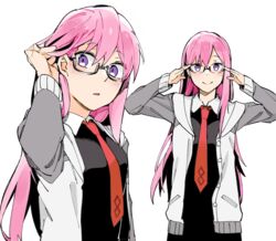  adjusting_hair alternate_hair_length alternate_hairstyle black-framed_eyewear black_shirt blush breasts buttons chaldea_logo closed_mouth collared_shirt commentary_request fate/grand_order fate_(series) female glasses grey_jacket hair_between_eyes hand_in_own_hair highres hood hood_down hooded_jacket jacket long_hair long_sleeves looking_at_viewer mash_kyrielight multicolored_clothes multicolored_jacket naosuke_(morioka_shachuu) necktie open_clothes open_jacket parted_lips pink_hair pocket purple_eyes red_necktie shirt simple_background smile solo upper_body white_background white_jacket 