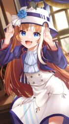  2girls akikawa_yayoi_(umamusume) blue_eyes closed_eyes curtains dancing feline hat hayakawa_tazuna highres long_hair looking_at_viewer merxkialis multiple_girls open_mouth orange_hair peeking_out pose solo_focus table umamusume umapyoi_densetsu when_you_see_it window 