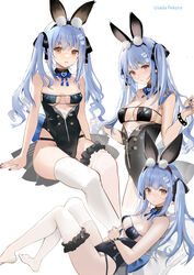  ass black_leotard blue_hair blue_ribbon breasts female highres hololive leg_up leotard looking_at_viewer lying multiple_views orange_eyes playboy_bunny rabbit_girl rabbit_tail rero_(bigdoorbig2) ribbon simple_background sitting tail thigh_strap thighhighs twintails usada_pekora virtual_youtuber white_background 