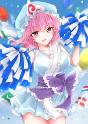  :d balloon blue_hat blue_kimono blue_sky blurry blurry_background breasts cheerleader cloud commentary_request cowboy_shot female flag frilled_kimono frills hat highres holding holding_pom_poms japanese_clothes kimono large_breasts looking_at_viewer mob_cap open_mouth outdoors pink_eyes pink_hair pom_pom_(cheerleading) purple_sash rei_(ls91407662) saigyouji_yuyuko sash short_hair sky sleeveless smile solo sports_festival standing touhou triangular_headpiece 