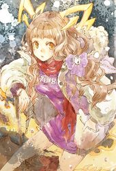  animal_ears blonde_hair blunt_bangs female hair_ribbon jacket long_hair looking_at_viewer low_twintails open_mouth orange_eyes reality_arc_(sinoalice) red_riding_hood_(sinoalice) ribbon scarf sidelocks sino_nb3 sinoalice snow solo tail twintails wavy_hair winter 