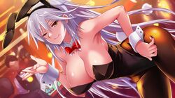  animal_ears bare_shoulders bent_over black_legwear black_leotard black_pantyhose bow bowtie breasts casino cleavage closed_mouth fake_animal_ears female grey_hair highres inue_shinsuke large_breasts leotard lisa_brinker long_hair maji_de_watashi_ni_koi_shinasai! one_eye_closed pantyhose playboy_bunny rabbit_ears rabbit_tail red_bow red_bowtie smile solo_focus tail wrist_cuffs yellow_eyes 