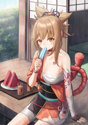  absurdres arm_tattoo bandaged_arm bandaged_leg bandages black_gloves blonde_hair breasts chest_tattoo choker cleavage commentary_request ebiri_fy female fingerless_gloves food fruit genshin_impact gloves hadanugi_dousa hair_ornament highres japanese_clothes kimono kinchaku looking_at_viewer medium_breasts obi orange_eyes orange_kimono ponytail popsicle pouch red_choker rope sarashi sash shimenawa short_ponytail single_fingerless_glove sitting solo sweat tattoo vision_(genshin_impact) watermelon yoimiya_(genshin_impact) 