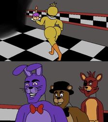  animan_studios anthro ass avian axel_in_harlem bear bib big_butt bird bonnie_(fnaf) bow_tie canid canine carl_the_cupcake chica_(fnaf) chicken clothing cupcake cupcake_(fnaf) eye_patch eyewear female five_nights_at_freddy&#039;s food fox foxy_(fnaf) freddy_(fnaf) galliform gallus_(genus) group hat headgear headwear i_put_the_new_forgis_on_the_jeep lagomorph leporid male mammal meme phasianid rabbit scottgames top_hat 