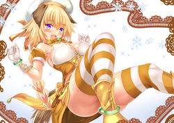  :d animal_ears anklet blonde_hair bracelet braid breasts dog_ears dog_tail fate/apocrypha fate_(series) female gloves hat highres jeanne_d&#039;arc_(april_magical)_(fate) jeanne_d&#039;arc_(fate) jewelry long_hair looking_at_viewer official_alternate_costume open_mouth purple_eyes rojiura_satsuki:_chapter_heroine_sanctuary shoes single_braid smile snowflakes solo striped_clothes striped_thighhighs tail thighhighs uchida_shou white_gloves white_hat yellow_collar yellow_footwear 