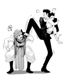  3boys anger_vein carrying carrying_person formal ging_freecss gon_freecss greyscale hunter_x_hunter leorio_paladiknight long_sleeves male_focus monochrome multiple_boys salgu suit white_background 